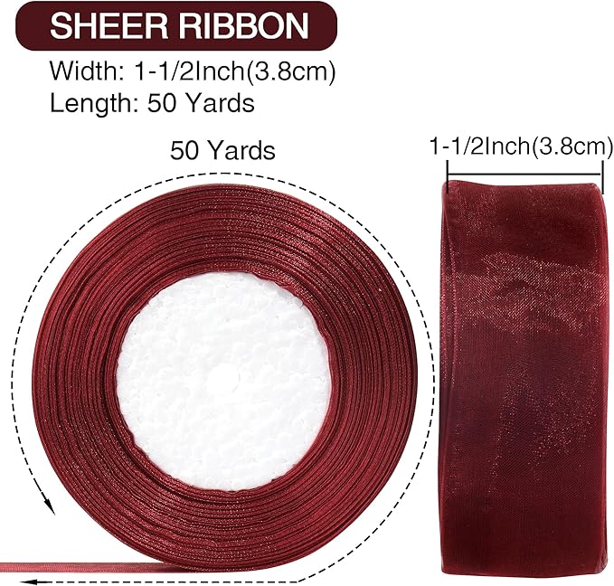 1-1/2 Inch x 50 Yards Sheer Organza Ribbon Chiffon Ribbon for Gift Wedding Flower Bouquet Wrapping Decorations Crafts (Wine red)