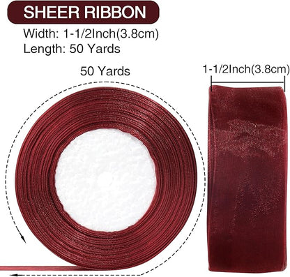 1-1/2 Inch x 50 Yards Sheer Organza Ribbon Chiffon Ribbon for Gift Wedding Flower Bouquet Wrapping Decorations Crafts (Wine red)