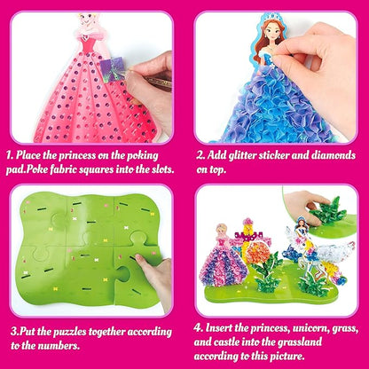 AGENTLAN Poke Art Princess Kit for Kids, DIY Craft Kits with Magical Princesses & Unicorn, Mess-Free Fabric Arts and Crafts, Fun & Easy Kits for Kids, Birthday Gifts for Ages 4 5 6 7 8+