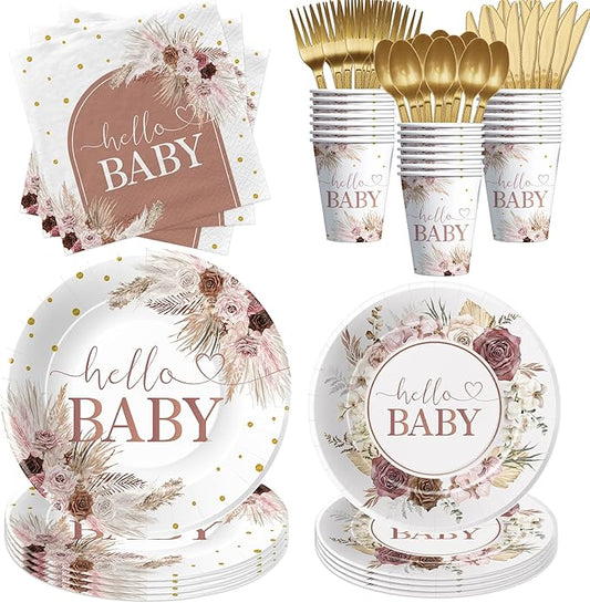Boho Baby Shower Decorations Party Tableware - Boho Floral Pampas Grass Baby Girl Decorations, Paper Plate, Napkin, Cup, Disposable Cutlery | 24 Guests