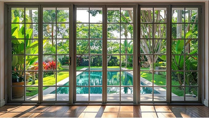 Window Scenery Photography Backdrop Windowsill Backyard with Pool and Garden Background Tropical Plants Photocall Background Party Banner Wall Decor Baby Kids Family Photo Shoot Props 15x8ft