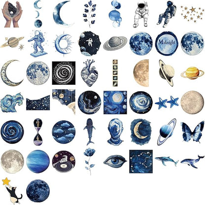 50 Pcs Holographic Space Stickers, Galaxy Vinyl Decals with Cosmic Cartoon Graffiti, Blue Aesthetic Waterproof Stickers for Laptop, Water Bottles, Scrapbook for Teens Adults