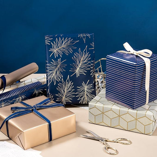 WRAPAHOLIC 30 Inch Navy Wrapping Paper - Jumbo Roll Gold and Navy Print with Cut Lines for Christmas, Birthday, Holiday, Father's Day, Baby Shower - 4 Rolls - 30 Inch x 120 Inch Per Roll