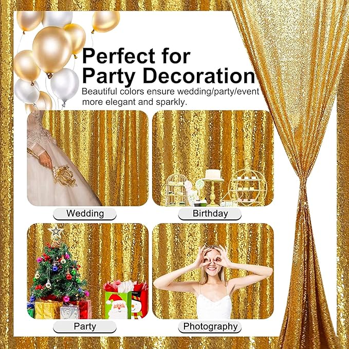Gold Sequin Backdrop Curtains Glitter Drapes 2FTx8FT 2 Panels for Wedding Birthday Party Decorations Bridal Baby Shower Party Supplies Sparkly Photography Background