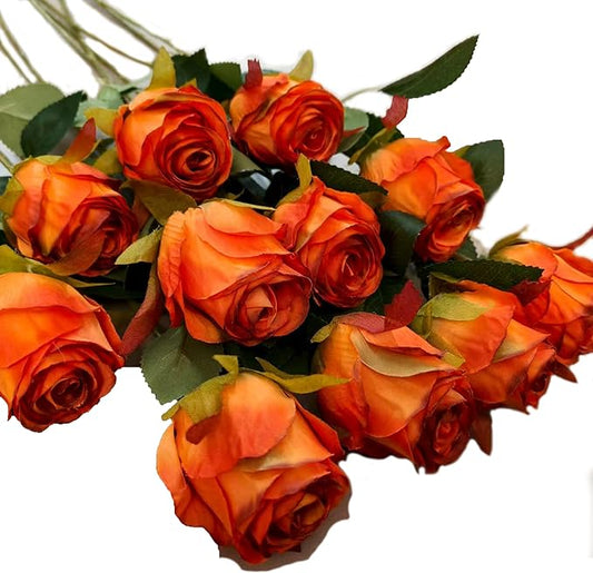Artificial Roses 10 Pcs - Lifelike Single Stem Fake Roses with Natural Petal Texture,Fade-Resistant Silk Flowers for Wedding Decor,Home Vase Arrangements,Party Centerpieces(10, Red - Orange)
