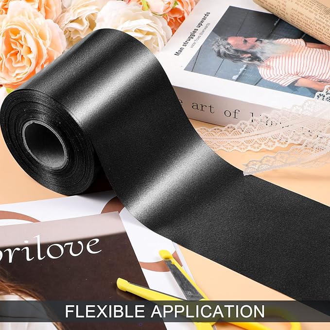 Syhood Outdoor Leaf Ribbon Floral Satin Ribbon for Crafts Aspidistra Waterproof Holiday Outdoor Decoration(4 Inch X 49 Yards,Black)