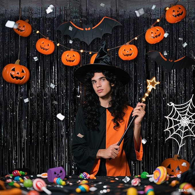 2 Pack Black Streamers Birthday Decorations Tinsel Backdrop Black Foil Fringe Curtain Halloween Party Decorations Wednesday Graduation Wizard Party Decor