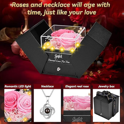 2 Preserved Rose Gift for Women - Eternal Rose with I Love You Necklace - Romantic Birthday Gifts for Girlfriend Mom Her Wife Grandma on Valentines Mothers Day Anniversary Christmas-Pink