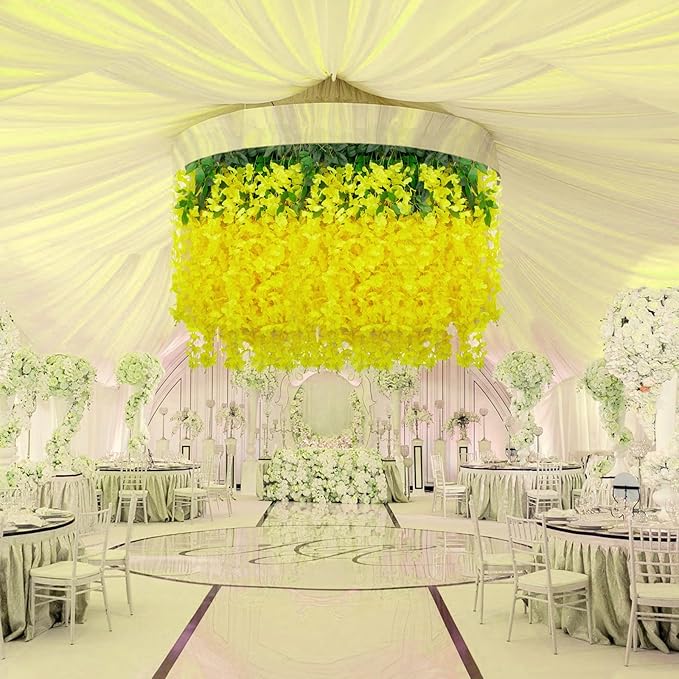 24 Pack Yellow Wisteria Hanging Flowers, 3.4 Ft Fake Hanging Flowers, Artificial Wisteria Garland Vines for Wedding Room Backdrop Outdoor Patio Garden Decoration