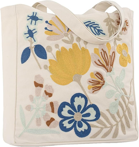 Aesthetic Embroidery Tote Bag for Lady Cute Reusable Canvas Shoulder Bag for Girls Women Shopping Grocery