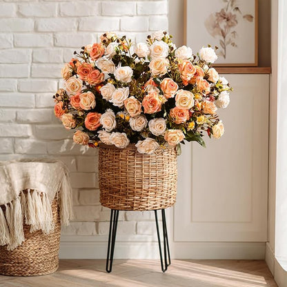 Artificial Rose Flowers for Outdoor 4 Bundles Rose Bouquet with Daisy Faux Flowers UV Resistant for Home Indoor Outside Garden Porch Window Box Balcony Yard Porch Decor (White+Orange)