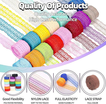 Swpeet 15 Rolls in Total 165 Yards 4.5cm×11 Yards Colorful Lace Ribbon Bilateral Floral Pattern Fabric, Vintage Trim Ribbon Crafting Lace for Decorating, Gift Wrapping