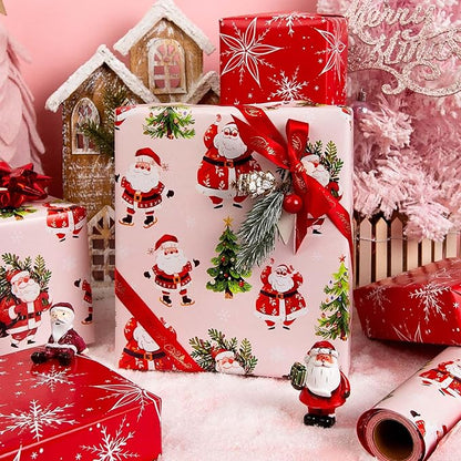 MAYPLUSS Christmas Wrapping Paper Roll - 17 Inch X 33 Feet - Cute Santa Claus Christmas Tree Reversible Strip Gift Wrapping Paper, Thick Wrap Paper for Holiday Party New Year Kids