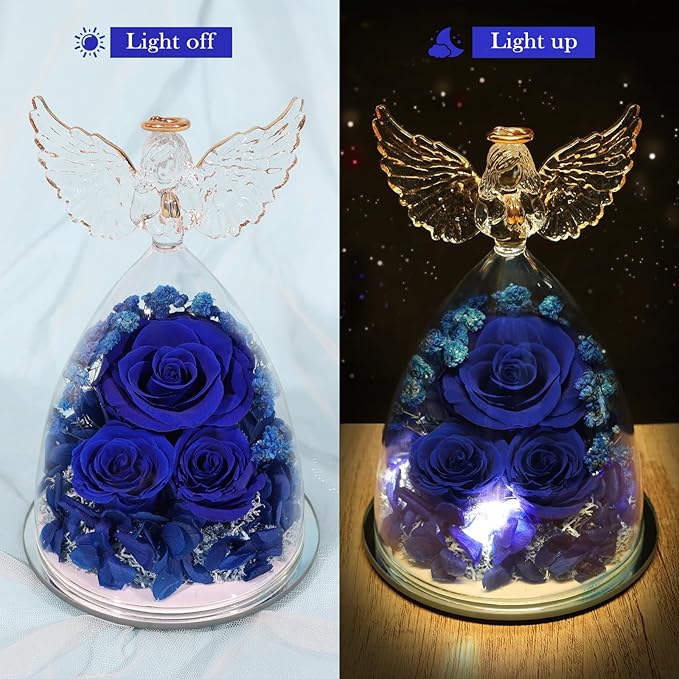 FIACO Preserved Flower Rose Gifts for Women, Forever Eternal Fresh Flowers in Glass Angel Figurines Flowers for Delivery for Grandma Mom Sister Her Wife on Mothers Day Birthday Christmas