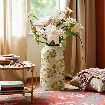 Vintage Pastoral Ceramic Vase, 10.6 inch Yellow and Beige Sunflower Floral Rustic Farmhouse Antique Retro Ice Cracked Chinoiserie Vases for Home Decor Living Room Tuscan Decor (Large)