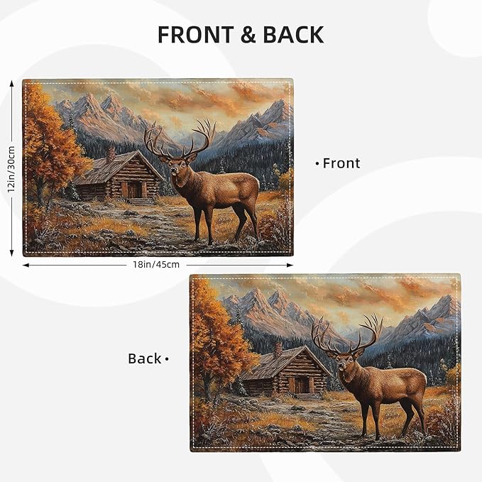 Farmhouse Deer Placemats Set of 4, Country Natural Place Mats, Rustic Forest Lodge Elk Wildlife Dining Table Mats, Washable Placemats for Kitchen Dining Room 18L'' × 12W''
