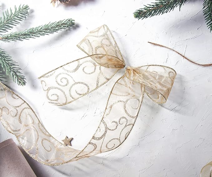 CT CRAFT LLC Organza with Champagne Gold Glitter Swirls Wired Ribbon 2.5 inch x 50 Yards for Christmas Home Decor Tree Topper Bow Gift Wrapping DIY Crafts Wreath Garland Wedding