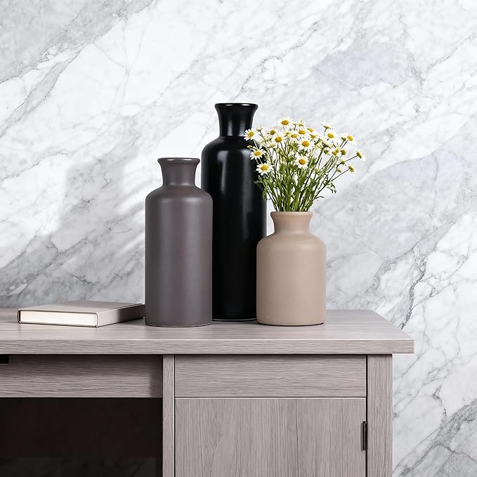 Ceramic Vase Set of 3 - Modern Neutral Decorative Vases for Home Decor, Rustic Farmhouse Boho Vases for Living Room, Mantel, Dining Table, Bookshelf, Kitchen or Entryway Decoration