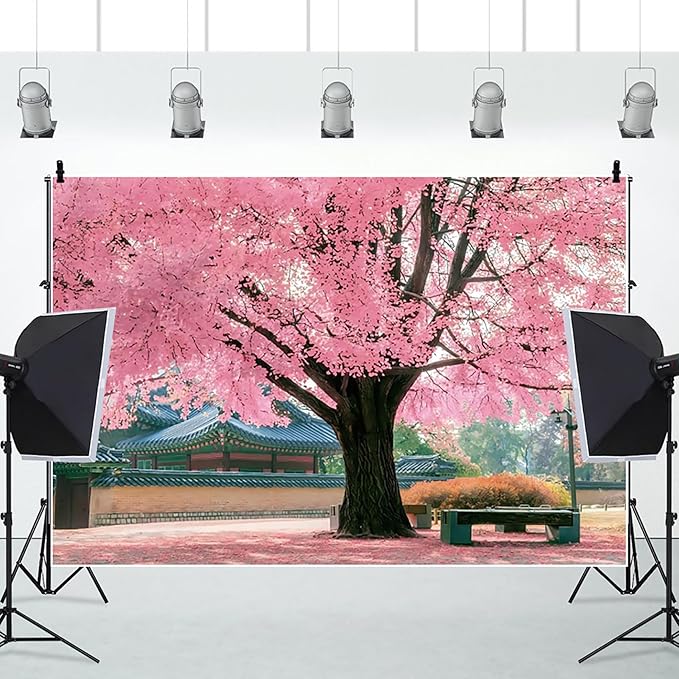 Renaiss 7x5ft Pink Cherry Blossom Backdrop Polyester Fabric Japan Cherry Floral Tree Landscape Palace Asian Themed Party Photography Background Wedding Birthday Party Decor Photo Booth Props