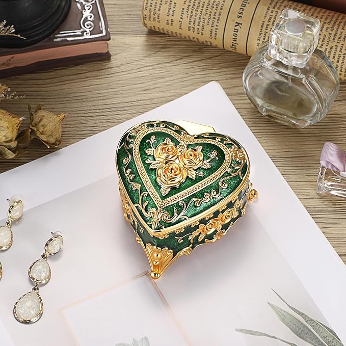 Hipiwe Vintage Jewelry Storage Box Heart Shaped Trinket Box Green Decorative Keepsake Box with Rose Pattern Treasure Organizer Holder for Women