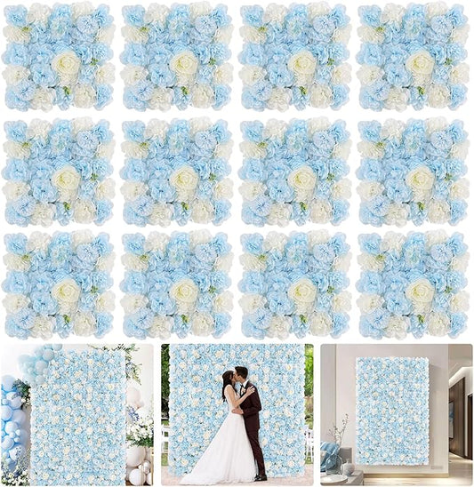 Blue Backdrop Artificial Flower Wall: 12 Packs 15x15 Inches Photo Backdrop Panels Silk Flower Wall for Wedding Party Baby Bridal Shower