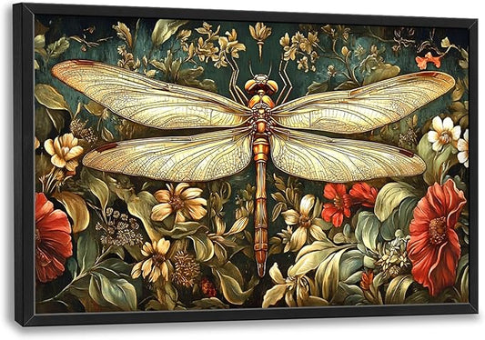 Dragonfly Floral Large Wall Art Framed Wall Decor for Living Room Dragonfly Pictures Oversized Canvas Print Painting Modern Extra Large Framed Artwork for Bedroom Office Home Decor 36"x24"