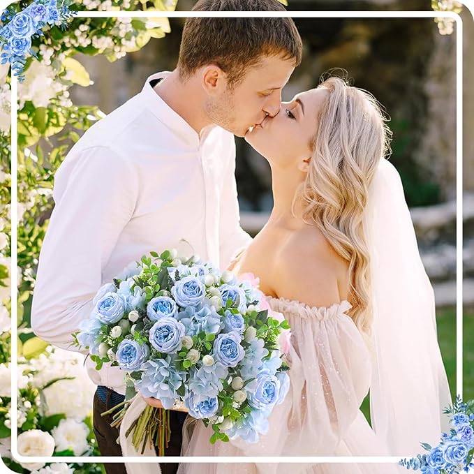 ASTRYAS 8Pcs Artificial Peonies Blue Silk Peonies Faux Flower Bouquet Fake Blue Peonies Artificial Flowers Table Centerpieces for Bridal Wedding Home Party Office Decoration Bulk