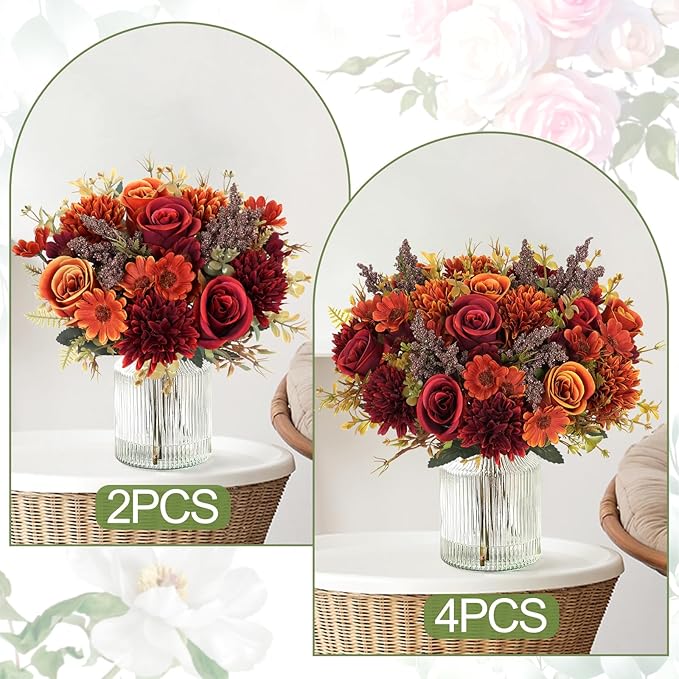 Dremisland Artificial Flowers Like Real Artificial Bouquet 2 Packs Silk Artificial Roses Bouquet with Daisy Chrysanthemum Pink Flowers for Centerpiece Table Wedding Party Home Decor