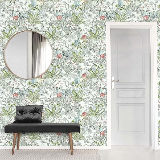 Wudnaye Boho Peel and Stick Wallpaper Catus Wallpaper 17.7" x 236.2"Vintage Floral Wallpapers Peel and Stick Botanical Removable Wall Paper Boho Self Adhesive Contact Paper for Bathroom Cabinets