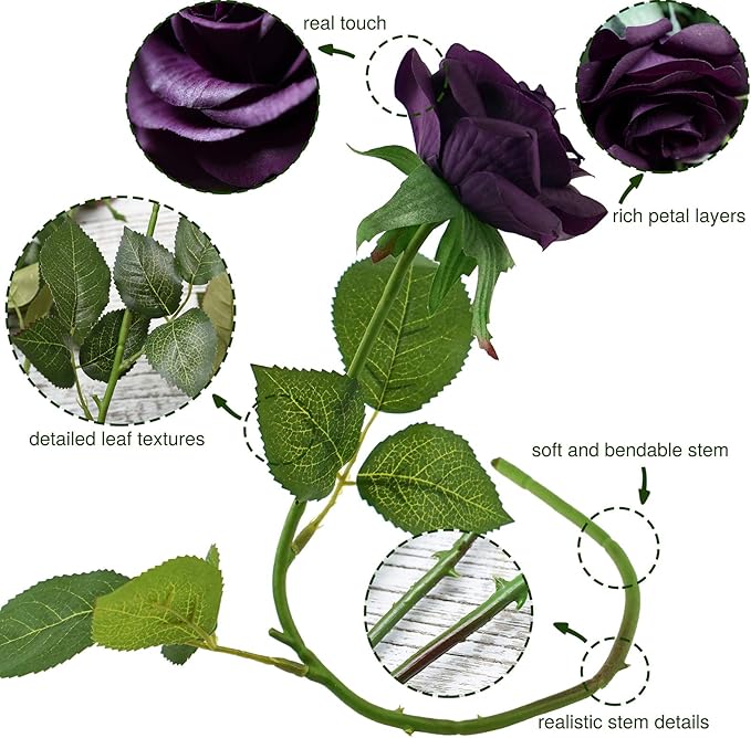 FiveSeasonStuff 12 Stems Artificial Flowers Real Touch Silk Roses for Wedding Decoration Bridal Bouquets Table Centerpieces Party Shower, Packed in Box (Purple Grandeur)