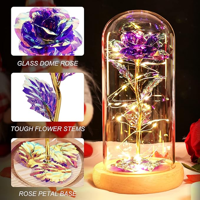 Beferr Mom Birthday Gifts for Women, Galaxy Glass Rose Forever Preserved Flowers for Delivery Prime Light Up Rose in Glass Dome Christmas Rose Gifts for Her Wife Daughter Friends, Purple
