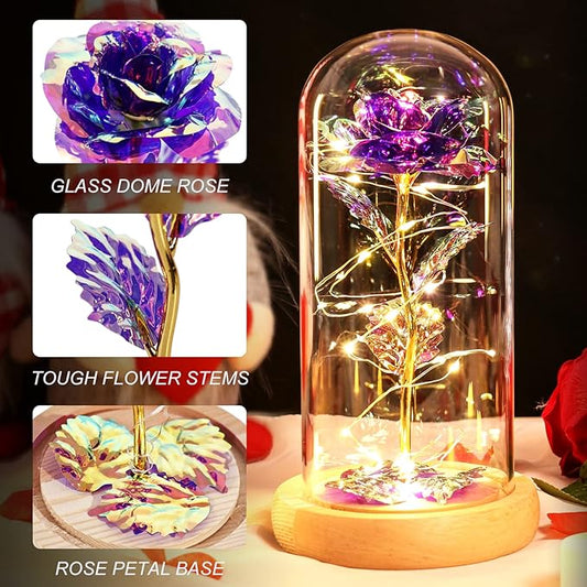 Beferr Mom Birthday Gifts for Women, Galaxy Glass Rose Forever Preserved Flowers for Delivery Prime Light Up Rose in Glass Dome Christmas Rose Gifts for Her Wife Daughter Friends, Purple