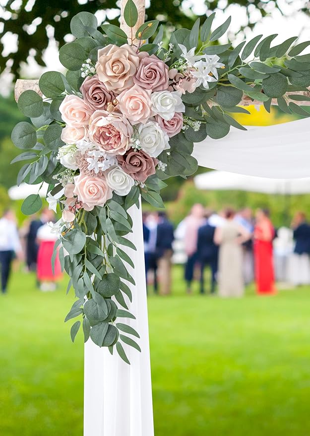 ponatia Wedding Arch Flowers with 26Ft Arch Fabric, Artificial Dusty Rose Wedding Flower for Welcome Signs Decorations for Wedding Ceremony Reception (Dusty Rose & Blush)