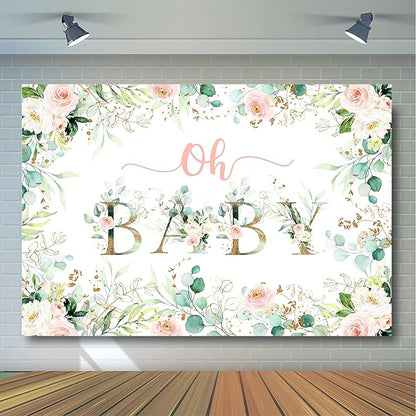 Avezano Greenery Girl Oh Baby Backdrop for Baby Shower Decoration Photography Background Blush Pink and Gold Floral Eucalyptus Greenery Leaves Baby Girl's Shower Party Photoshoot (10x7ft)