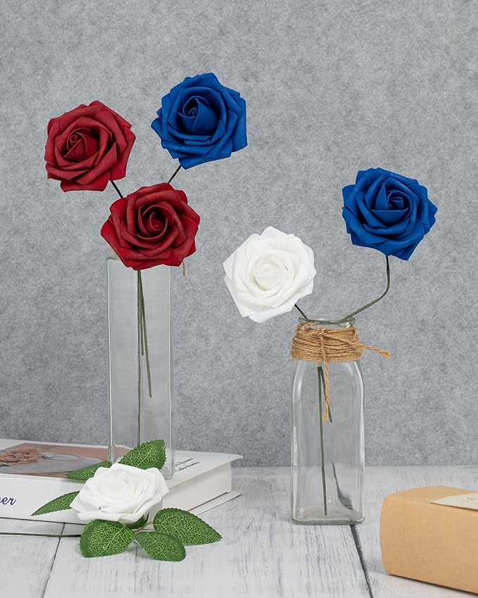 DuHouse 25Pcs Artificial Roses Flowers Fake Rose with Stems Real Touch Foam Flowers for DIY Wedding Bouquet Baby Shower Centerpiece Floral Arrangement Party Home Decor(Blue White Red)