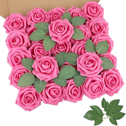 AmyHomie 25pcs Real Looking Artificial Hot Pink Roses w/Stem for DIY Wedding Bouquets Centerpieces Arrangements Party Baby Shower Valentines Day Christmas Tree Decorations