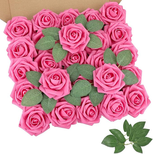 AmyHomie 25pcs Real Looking Artificial Hot Pink Roses w/Stem for DIY Wedding Bouquets Centerpieces Arrangements Party Baby Shower Valentines Day Christmas Tree Decorations