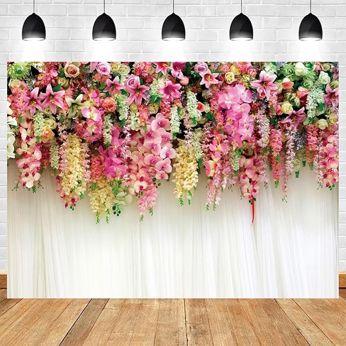 12x8ft Pink Floral Backdrop White Curtain Wedding Reception Photography Background Colorful Flowers Anniversary Bridal Shower Decorations Birthday Party Baby Shower Portrait Photo Booth Prop