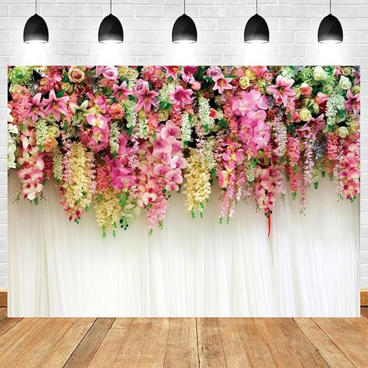 12x8ft Pink Floral Backdrop White Curtain Wedding Reception Photography Background Colorful Flowers Anniversary Bridal Shower Decorations Birthday Party Baby Shower Portrait Photo Booth Prop