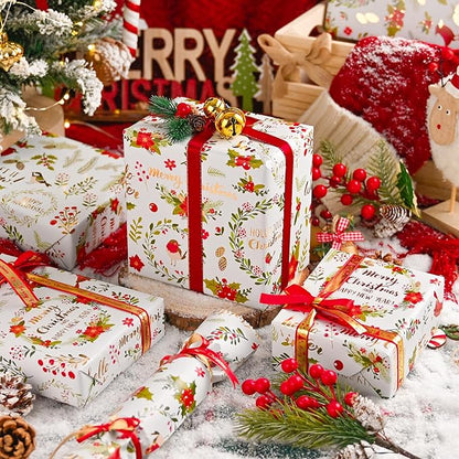 MAYPLUSS Christmas Wreath Wrapping Paper - 17Inch X 33Feet - Beautiful Holiday Wreaths, Vintage Holly Berry & Red Flower Festive Christmas Design Holiday Gift Wrap Paper for Winter Birthday, Wedding