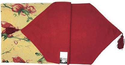 Tache Floral Red Roses Birds Golden Woven Table Runner - Vintage Tapestry Botanical Kitchen Dining Dinner Linens Cloth - 13 x 54 inches