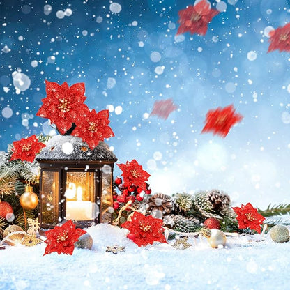Boao 24 Pieces Glitter Poinsettia Artificial Christmas Flowers Poinsettia Decorations Wedding Christmas Tree Ornaments, 3/4/6 Inches (Red)