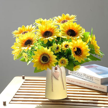 Artificial Sunflower Arrangement in Ceramic Vase – Fake Silk Sunflowers Table Centerpiece Decoration, Stylish Artificial Flowers with Vase for Home Table Dining Room