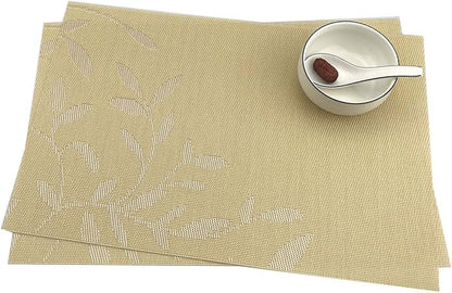 Gugrida Place Mats PVC Set of 6, Table Placemats Set of 6 PVC Washable Woven Vinyl Place Mats Heat Insulation Top Meal Mat Table Mats Natural Color (6 pcs, Yellow Leaves), Large