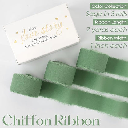 MEEDEE Sage Chiffon Ribbon 1 Inch Green Frayed Ribbons Sage Green Chiffon Silk Light Green Ribbon Thin Chiffon Ribbons for Crafts, Gift Wrapping, Wedding Invitation (3 Rolls 21 Yards)