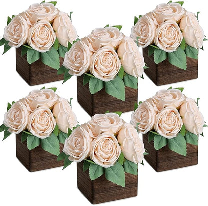 Dining Table Centerpiece Set of 6 - Pre-Made Aritifial Rose with Wooden Vase Fake Floral Arrangment Faux Flower for Wedding Bridal Tea Party Event Decorations - Champagne