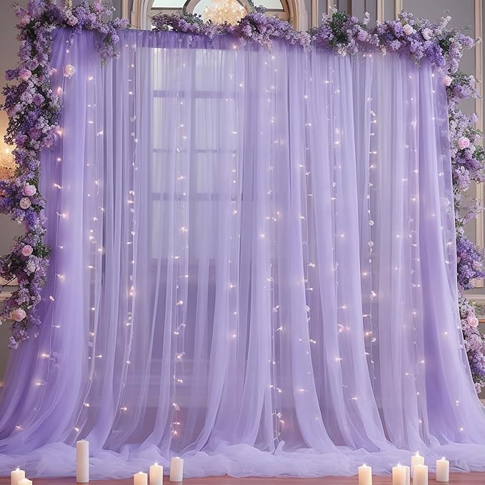10x8ft Purple Tulle Backdrop Curtain with Lights String for Parites, Sheer Backdrop Curtains for Wedding Baby Shower Birthday Party Photo Shoot Decorations