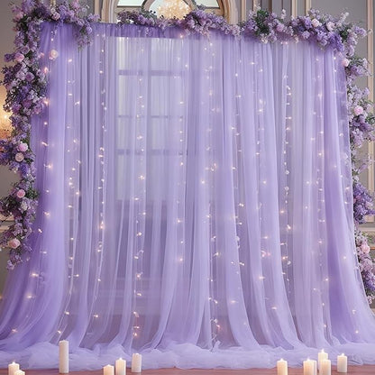 10x8ft Purple Tulle Backdrop Curtain with Lights String for Parites, Sheer Backdrop Curtains for Wedding Baby Shower Birthday Party Photo Shoot Decorations