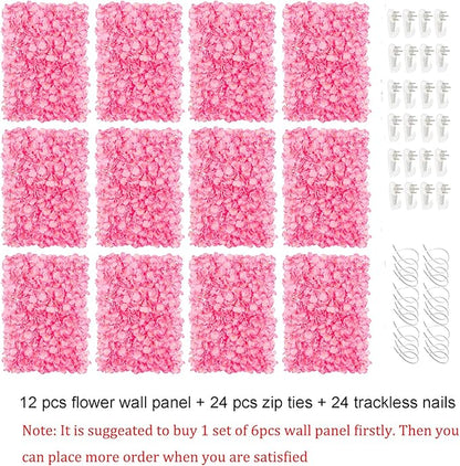 BLOSMON Flower Wall Panel Backdrop - 12 Pcs 24 x 16 Inch Pink Artificial Hydrangea Floral Backdrop for Wedding Party Baby Bridal Shower Decor, Hanging Fake Silk Flower Backdrop Decoration