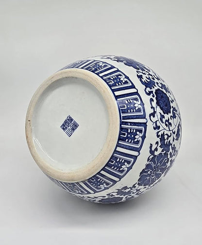 17" Classic Blue and White Porcelain Gourd-Shaped Vase, China Ming Style, Happiness, Good Fortune, Fengshui, Jingdezhen, Free Wood Base
